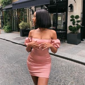 Nibber autumn French romance party night lace up bodycon dress women pink white Elegant off shoulder club Slim dress mujer T200521