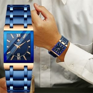 Relogio Masculino Fashion Watches Men Wwoor Luxury Square Blue Mens armbandsur Rostfritt stål Vattentät kvartsklocka Male 220530