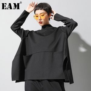 EAM Löst fit överdimensionerad svart tröja hög krage långärmad kvinnor stor storlek mode våren hösten 19AA123 201202