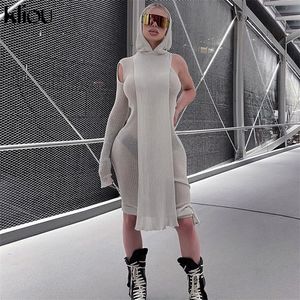 Kliou stickad dres sexig se genom x-long hoody tops one axel dragkonstruched mantel kjol hipster framtida streetwear 220509