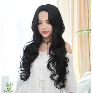 Yeni Dalga Uzun Saç toptan satış-Yeni peruk kadın uzun kıvırcık saç büyük dalga moda peruk gerçekçi kimyasal fiber tam kafa seti