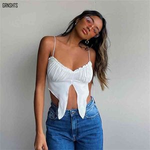 Summer Bandage Folds Tank Tops Sexig Crop Vest Solid Female Kort T-shirt Streewear Women Hollow Out Tops 210401