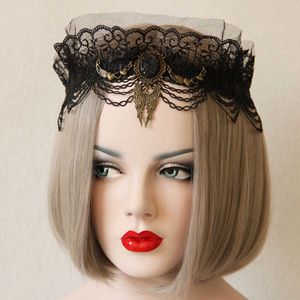 Dark Gothic Lace Headband Halloween Bronze Wing & Charcoal Crystal Beading Lace Headbands Bride Photography Hair Bands