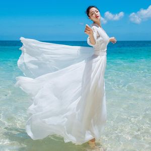 Casual Dresses Charm White Summer Chiffon Dress Super Fairy Beach Kjol Elegant Seaside Holiday Beautiful For Take Pos Wedding