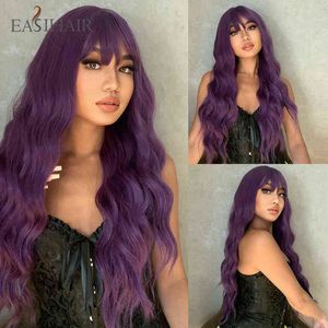 EASIHAIR Long Wavy Wigs with Bang Purple Cosplay Christmas Halloween Lolita Cute for Women Heat Resistant Color 220525