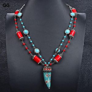 Chains Jewelry 19'' Beautiful Ethnic Red Cylindrical Coral Blue Round Turquoise CZ Macersite Paved Beads Pendant Chain NecklaceChain