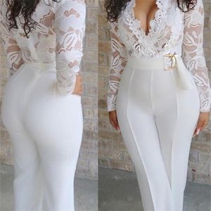 Tulum Kadın Dantel Torparlar Bodysuit Uzun Tulum Parti Uzun Kol V-Neck Hendek Y2K Resmi Zarif Pist Beyaz Kıyafetler 220714