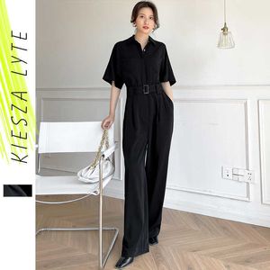 Macacão de carga preta feminino de verão alta na cintura curta cortina de manga larga roupa de moda de perna larga 210608