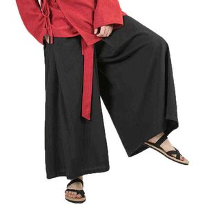 Estilo chinês 2022 homens linho de algodão calças de perna larga preto harajuku masculino harém de peças de harém homem hanfu kongfu saia de calças L220706