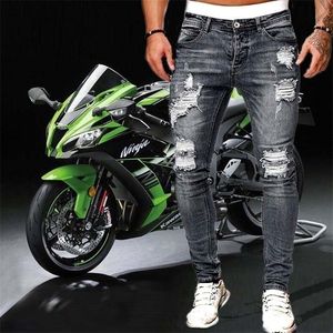 Męskie rozryte chude dżinsy niebieskie Slim Fit Otóra Pencil Spodnie Casual Biker Spodnie Streetwear Wysoka jakość dżinsów odzież 220718