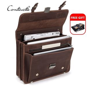 CONTACTS Retro Mens Bag Crazy Horse Leather Men Briefcase Laptop Bag for 14 inch Male Business Shoulder Bags Large Capacity 201123