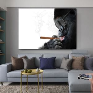 Affe rauchende Poster Schwarz-Weiß-Wandgemälde für Wohnzimmer Home Decor Tier-Leinwandbilder KEIN RAHMEN