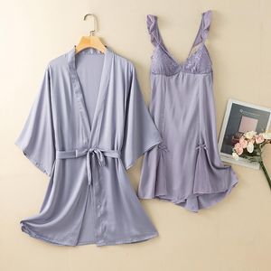 Women's Sleepwear Lady V-Neck Sexy 2 Piece Robe Suit Lace Sweet Wedding Nighty Dress Intimate Strap Nightgown Ice Silk Bath Gowning Sleep Pi