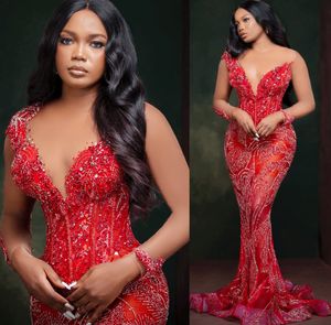 2022 Plus Size Arabic Aso Ebi Mermaid Red Luxurious Prom Dresses Sheer Neck Sparkly Evening Formal Party Second Reception Birthday Engagement Gowns Dress ZJ637