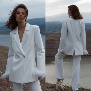 Feather Double Breasted Women Pants Suits For Wedding 2022 Women Sexy Long Sleeve Evening Red Carpet Fashion Wear 2 Pieces