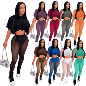 2202 Mesh-Hosen-Outfits Designer-Trainingsanzüge Damen Sommer-Nabel freigelegtes kurzes T-Shirt Transparente Yoga-Leggings Zweiteilige Sets 859