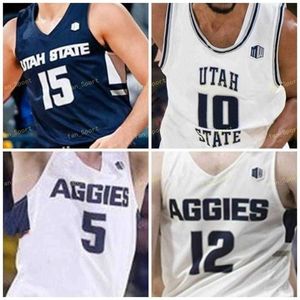 Xflsp NCAA College Utah State Aggies Basketball Jersey 5 Sam Merrill 23 Neemias Queta 2 Sean Bairstow 13 Liam McChesney Custom Stitched