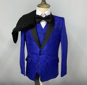 Herrenanzüge Blazer Schneider Made Blume Boy Goldener Jacquard-Hochzeits-Jungen-blauer roter Ring-Träger Slim 3-teiliger Schalkragen Mode-Kinder für