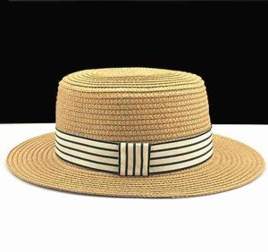 Cappello da spiaggia da donna estivo Cappello da spiaggia femminile Casual Cappello da Panama Lady Brand Classico Bowknot Cappello da sole piatto in paglia Donna Fedora G220301