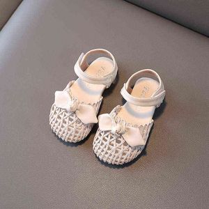 Beige Girls All-match Covered Toes Woven Kids Fashion Summer New Flat 2022 Cute Princess Sandali Bambini Bow Hook Loop Casual G220523