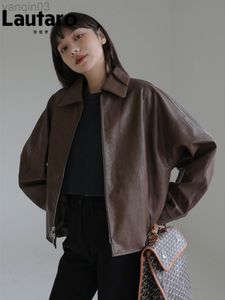 Lautaro Spring Autumn Short Overdized Casual Brown Black Faux Leather Jackets For Women Drop Shoulder Long Sleeve Zipper L220801