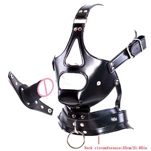 camaTech Adjustable Strap On Dildo Gag Harness For Couples PU Leather Half Face Bondage Hood Mask with Penis Women sexy Toys