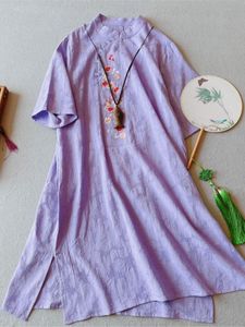 カジュアルドレス女性の女性ドレス2022夏の中華料理刺繍コットンリネン半袖ファッション女性