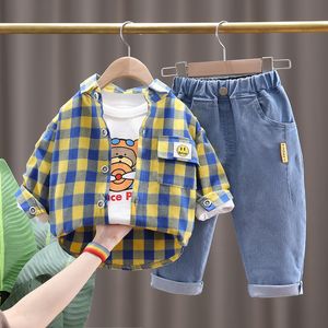 2023 Spring Autumn Children Boys 3st Clothing Set Plaid Shirts Cartoon Tryckt Sweatshirt Jeans Byxor Baby Boy Clothes
