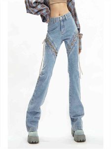 Slim Fit Micro Flare Stitching прямые джинсы для ног Женская горячая девушка горячая девушка с похудения Полово повседневные черные брюки Женская T220728