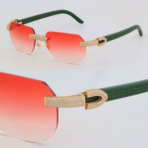 Neue luxuriöse, mikrogepflasterte, diamantbesetzte, randlose Metallsonnenbrille 3524012, grüne Plankenarme, quadratische Sonnenbrille, Outdoor-Design, klassisches Modell, Brille, 18 Karat Gold, Rahmengröße: 57