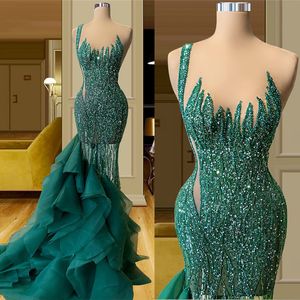 Sexy Beading Green Mermaid Prom Dress Plus Size Formal Women Tiered Tulle Evening Dresses Custom Made Vestidos