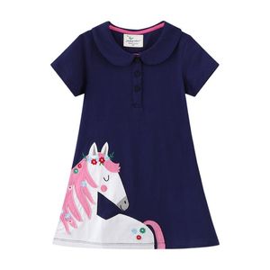 Girl's Dresses Jumping Meters Arrival Summer Horse Embroidery Cotton Collar Princess Party Clothes Short Sleeve DressGirl's Girl'sGirl's