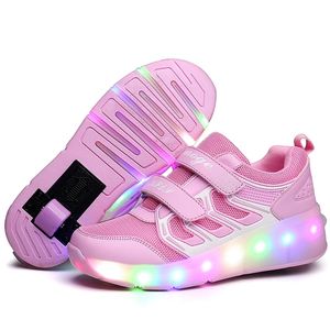 Kids LED tennis shoes for baby boy girl children glowing luminous light up sneakers with on wheels kids roller skate pink shoes 210303