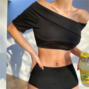 Traje de baño para mujer Sexy Off Hombro Bikini Mujeres Sólido Negro Cintura alta Traje de baño Traje de baño de manga corta Push Up Biquini Crop Top PadsMujeres