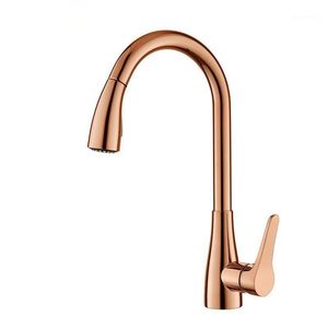 Torneiras de cozinha Tuqiu Single Handle Pull Out Mixer Tap Hole Rotating Rose Gold Water