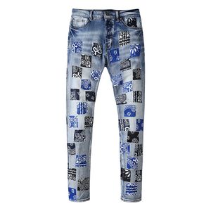 Męskie dżinsy projektant z łatami jeansu hip hop niebieskie spodnie rozciąganie rock motocyklista Rugged Cut Silm Fit Fit Chudy Long Noge 2022 Wysokowy stres moda vintage zamek błyskawiczny