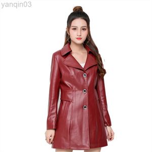 2022 Nya modekvinnor Autumn Winter Leather Clothing Elegant Slim Plus Size Loose Jacka Ladies Högkvalitativ faux PU-kappa L220801