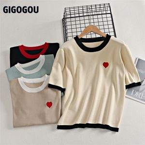 Gigogou Spring Summer dzianinowa koszulka na pół rękawie Onie luźne swobodne top haft haftowy panie Tshirt 220530