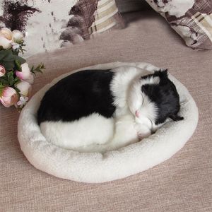 Realistic Sleeping Breathing Cat Dog Plush Kitten Toys Doll With Bed Electronic Companion Pets for Dementia Seniors Adults Kids 220801
