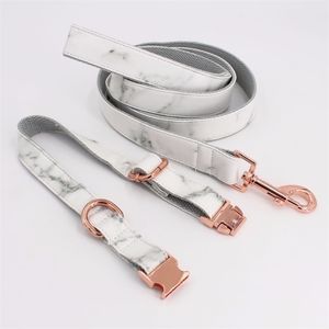 Marble Dog Collar Personalized Faux Leather Leash with rose metal buckle Y200515