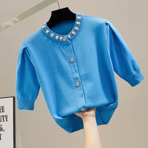 Women's T-Shirt Heavy Industry Beads Diamond Knitted Vintage Puff Sleeve Round Neck Single-Breasted Short Knitwear Women's TopWomen's