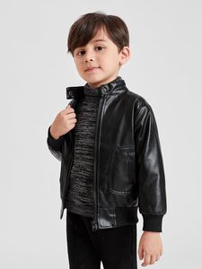 Kleinkind Jungen PU-Lederjacke mit schrägen Taschen und Reißverschluss SHE