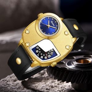 Armbandsur oulm 5195 Gold Men's Watches Antik design Två Time Zone Leather Strap Wristwatch Male Clock Quartz Watchwristwatches Wris