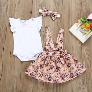 Summer Born Baby Girl Clothes Set Short Sleeve Romper Floral Dress Overalls Pannband Småbarn Spädbarnskläder Söt outfit 220509