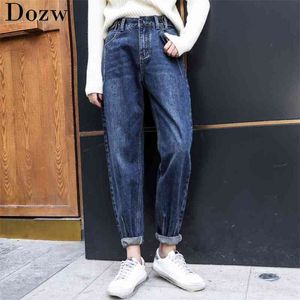 Solide Lange Länge Lose Jeans Frauen Hohe Taille Taste Casual Mom Taschen Gewaschen Denim Harem Hosen Mode y Damskie 210515