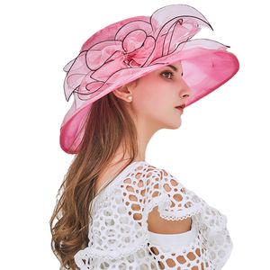 Summer Floral Organza Wide Brim Sun Hats Church Kentucky Derby Fascinator Ladies Party Wedding Elegant Cap Beach Mesh Top Hat