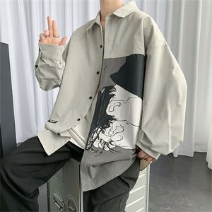 Men's Printing Long Sleeve Cargo Shirts Camisa Masculina Streetwear Lapel Collar Clothes Grey/black Nice Shirts Size M-5XL 220401