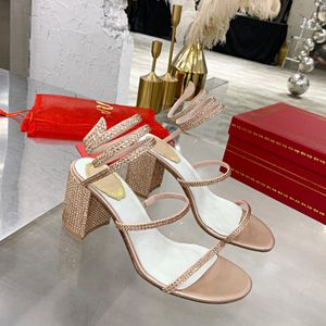 Sandali con tacco grosso con cristalli 75mm oro rosa Scarpe da sera da donna con tacco alto Designer di lusso avvolgenti