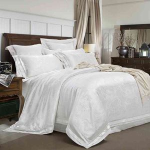 Wholesale jacquard silk bedding set gold resale online - Europe Luxury Satin Silk Jacquard Duvet cover Queen king size White Gold Bedding set Bed sheet Fitted Pillowcases