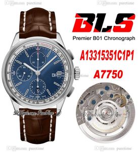 BLS Premier 42mm Eta A7750 Automatic Chronograph Mens Watch A13315351C1P1 Steel Case White Inner Blue Dial Stick Markers Brown Leather Super Edition Puretime 03b2